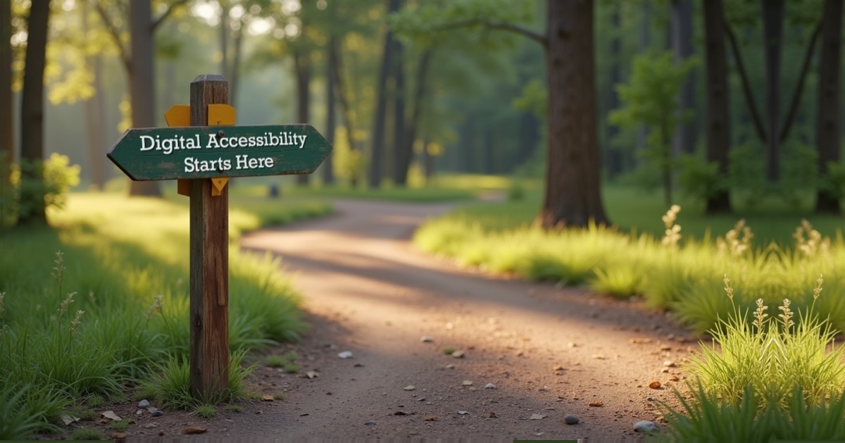 Path weaving through a forest with a signpost in foreground that says "Digital Accessibility Starts Here"